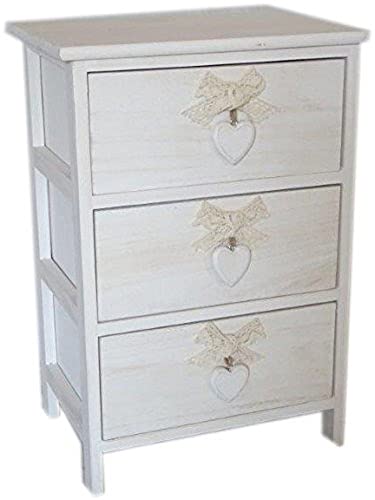 King Home C656113 Cassettiera 3 Cassetti con Cuore Washed in Legno di Paulownia, Bianco