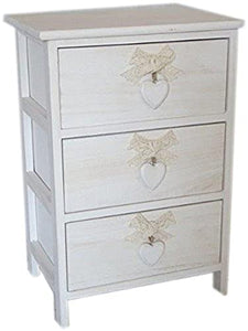 King Home C656113 Cassettiera 3 Cassetti con Cuore Washed in Legno di Paulownia, Bianco