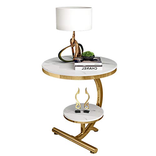 HWF Tavolino Salotto Soggiorno Giardino Metallo Fine/tavolino, Tavolo Snack per Divano/Lato Letto, Comodino a 2 Livelli con Piano in Pietra sinterizzata Bianca, Caricare 90 libbre (40 kg)