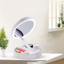 Specchio cosmetico pieghevole, delmkin con illuminazione a LED, compatto, pieghevole, da viaggio, con ingrandimento 1 x e 10x, colore: bianco