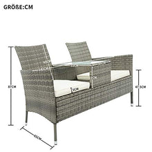 Pumpumly Panchina da giardino in polyrattan, con tavolo da 2 posti, cuscini da 5 cm, grigio