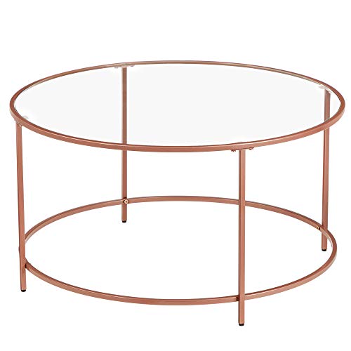 VASAGLE Tavolino da caffè Rotondo con Piano in Vetro Temperato e Struttura in Acciaio, Tavolino da Divano in Soggiorno, Decorativo, Colore Oro Rosa LGT021A02