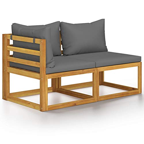 Tidyard Divano Modulare da Giardino a 2 Posti in Legno Massello di Acacia con Cuscini Grigi,Divano Modulare da Giardino in Legno,Divano da Esterno in Legno,Divano in Legno,Divano Giardino 2 Posti