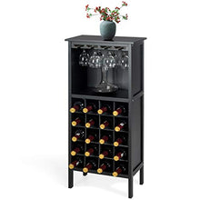 Goplus Cantinetta Scaffale Portabottiglie di Vino con Porta Calici per 28 Bottiglie e 12 Calici, in Legno di Pino Resistente all’umidità,96x25x42cm (Nero)