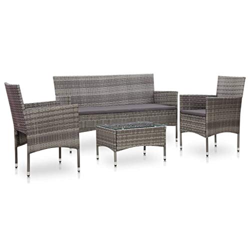 Goliraya Set Divani da Giardino 4 pz con Cuscini in Polyrattan Marrone/Grigio,Salotto da Giardino,Set Mobili da Giardino,Tavolo Rettangoalre+Panca 3 Posti+2 Poltrone da Giardino per Esterno
