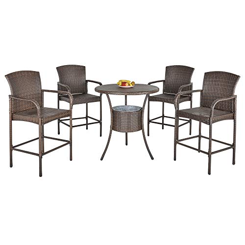 Outsunny Set 5 Pezzi Tavolino con 4 Sedie da Giardino Alte in Rattan Sintetico con Secchiello per Ghiaccio, Marrone
