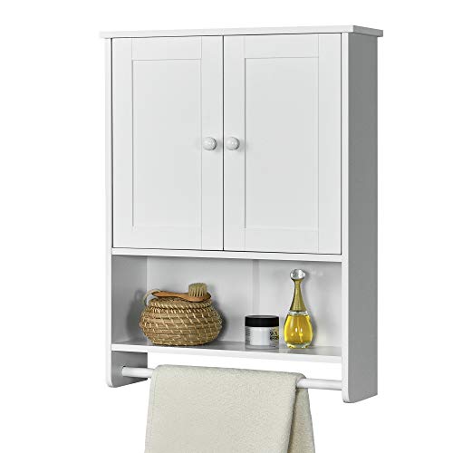 Armadietto Pensile da Bagno con Barra Portaasciugamano 65 x 48,7 x 14,5 cm Mobiletto da Muro con 2 Ante e Ripiani - Bianco