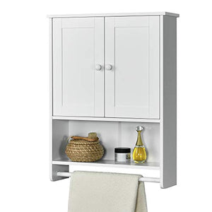 Armadietto Pensile da Bagno con Barra Portaasciugamano 65 x 48,7 x 14,5 cm Mobiletto da Muro con 2 Ante e Ripiani - Bianco
