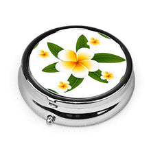 Design senza soluzione di continuità con Plumeria e foglie, contenitore rotondo per pillole a 3 scomparti, in metallo, per medicina e vitamina
