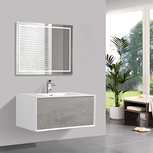 Yellow shop - Mobile Bagno Sospeso Cm 90 in Legno Completo di Lavabo in Marmoresina con E Senza Specchiera A LED Griff 900 Varie Colorazioni (Bianco/Cemento Completo (Mobile + Lavabo + Specchiera))