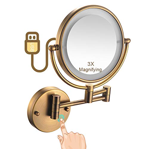 ZJBB Specchio Trucco Specchio Parete con Ingrandimento 3X, Specchio Estensibile con 3 Impostazioni di Illuminazione, Specchio da Bagno Girevole a 360 °, Ricarica con USB