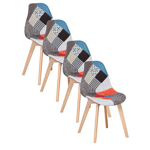 GrandCA HOME Set di 4 sedie da pranzo, Sedia in Stile Scandinavo, Sedie Patchwork, Sedia in Lino con Gambe in Legno Massello per Sala da Pranzo, Soggiorno, Ristorante (Rosso)