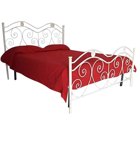 Letto Matrimoniale, Ferro BATTUTO, Modello Laura, 100% Made in Italy (Avorio, Sfumature Oro)