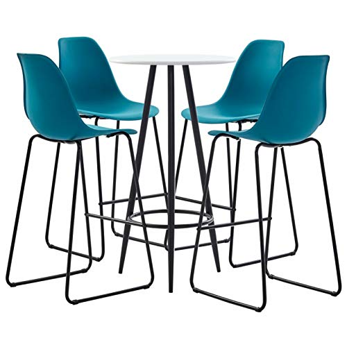 Tidyard Set 5 pz da Bar Design Moderno Alto in Plastica Turchese e Acciaio,Set Tavolo Rotondo e 4 Sedie da Bar Alti in Plastica,Set Tavolo e Sedie da Cucina Design in Plastica