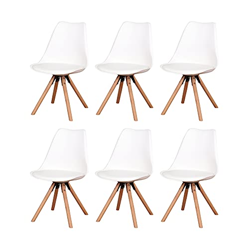 Uderkiny Set di 6 sedie da pranzo Sedie in plastica con cuscini e gambe in faggio, Adatto per soggiorno cucina e balcone (Bianco)