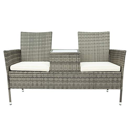 Belissy Panchina da giardino a 2 posti, resistente alle intemperie, in rattan sintetico, 2 posti, con 2 posti, cuscini da 5 cm, colore: grigio