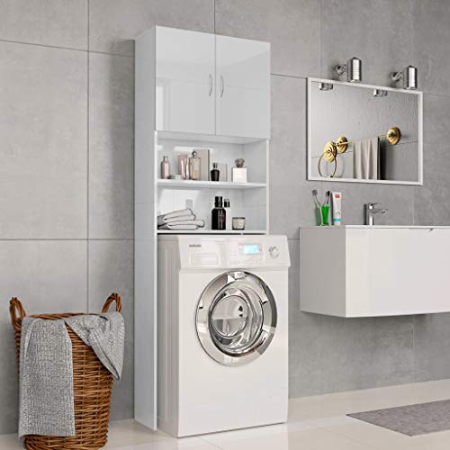 Tidyard Mobile per Lavatrice, Mobiletto Bagno, Armadio Alto per Lavatrice, con 2 Ante e 2 Scomparti Aperti, 64x25,5x190 cm in Truciolato Bianco Lucido