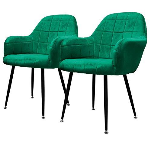 ECD Germany Set 2 x Sedia da Pranzo Verde Poltrone Imbottite in Velluto - Stile Design Retro Vintage Scandinavo - Gambe Piedini in Metallo Regolabili - per Sala da Pranzo Soggiorno Cucina o Ufficio