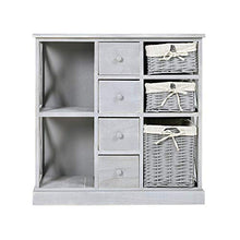 Rebecca Mobili Credenza cucina, cassettiera bagno legno e vimini, 4 cassetti 3 ceste, grigio, shabby country - Misure: 69 x 69 x 30 cm (HxLxP) - Art. RE4016