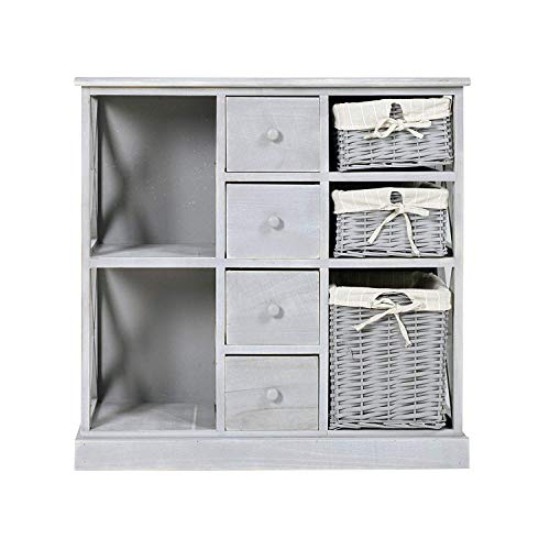 Rebecca Mobili Credenza cucina, cassettiera bagno legno e vimini, 4 cassetti 3 ceste, grigio, shabby country - Misure: 69 x 69 x 30 cm (HxLxP) - Art. RE4016