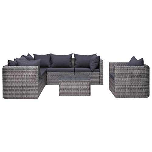 Tidyard Set Divani da Giardino 7 pz con Cuscini in Polyrattan,Poltrone e Tavolino,Grigio