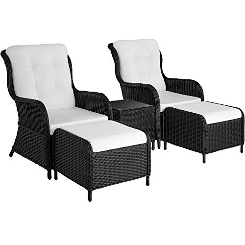 TecTake 800759 Set in Rattan, 2X Poltrone 2X Poggiapiedi 1x Tavolo, Inossidabile, Resistente alle intemperie, incl. Cuscini - Disponibile in Diversi Colori (Nero | No. 403350)