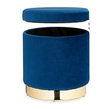Relaxdays Sgabello in Velluto, Rotondo, Elegante Poggiapiedi Imbottito, Base Dorata, Pouf Moderno, H x D: 41,5 x 37, Blu, Cartone, gommapiuma, 1 pz