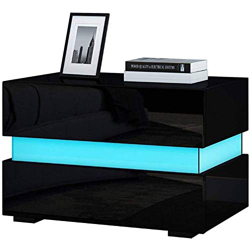 Ejoyous Comodino LED, comodino comò lucido Comodino con 2 cassetti e telecomando per camera da letto, soggiorno 45 x 60 x 39 cm(nero)