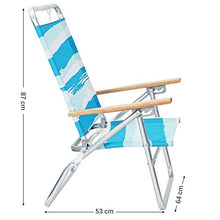 SONGMICS Sedia da Spiaggia Portatile con Schienale Alto e Reclinabile in 3 Posizioni, Spiaggina Pieghevole con Braccioli in Legno, Portata 150 kg, Strisce Blu Verdi e Bianche GCB66UW