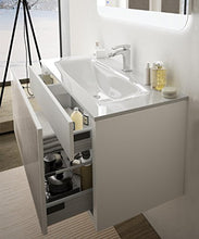 Mobile bagno sospeso moderno Roxanne bianco e vetro cm 75, con specchio a led, lavabo in vetro e colonna vetro