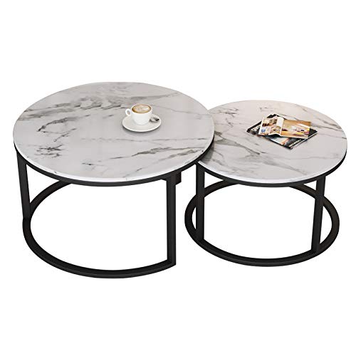 HWF Tavolino Salotto Soggiorno Giardino Tabella di nidificazione Set di 2 Piano in Marmo Bianco, Moderno Il Giro Tavolini con Struttura in Metallo per Soggiorno/Piccoli spazi/Ufficio (Color : Black)