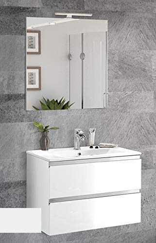 Mobile da bagno con lavabo - Componibile bagno 2 cassetti con maniglia a gola, lavabo e specchio con luce a Led cm. 60 x 46 x 51h. (STMB)