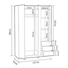 Habitdesign LC0323F – Armadio a tre ante e tre cassetti, dimensioni: 121 cm (L) x 180 cm (A) x 52 cm (P) (rovere canadese - ossido)