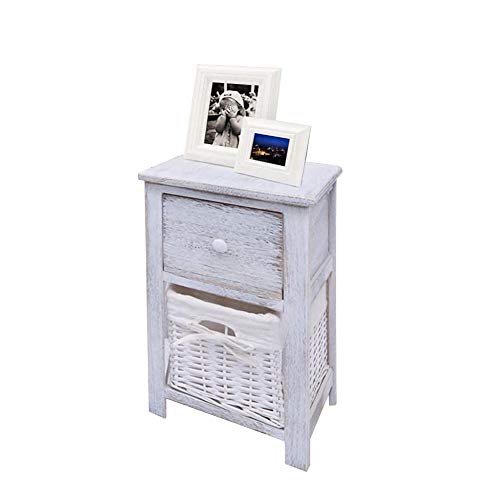 Comodini, 2 comodini in legno di Paulownia, comodini in legno, comodini in legno, con cassetto e cesto portaoggetti in vimini, per soggiorno, camera da letto, bianco, 28 x 31 x 45 cm