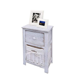 Comodini, 2 comodini in legno di Paulownia, comodini in legno, comodini in legno, con cassetto e cesto portaoggetti in vimini, per soggiorno, camera da letto, bianco, 28 x 31 x 45 cm
