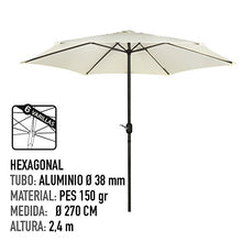 AKTIVE 53869 - Ombrellone Esagonale Diametro 270 cm - Telaio di Alluminio 38 mm - Colore Panna