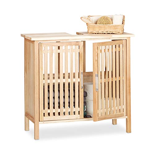 Relaxdays, naturale Mobile Bagno Legno di Noce, Mobiletto Sottolavabo, Armadietto per Lavandino, con Incavo per Sifone, 61,5 x 66 x 29 cm