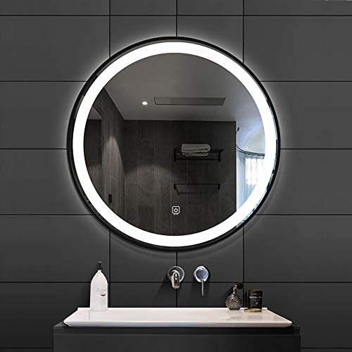 Djz Specchio Tondo, Specchio HD da Bagno con Illuminazione a LED ， Bordo in Metallo Nero, Specchio Decorativo d'ingresso Ø50cm / 60cm / 70 cm