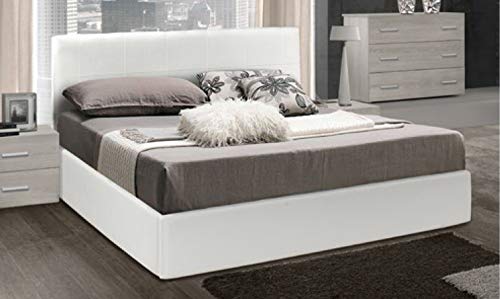 ERREBI Letto Matrimoniale con Contenitore Rigido in Ecopelle Bianca con Rete a doghe