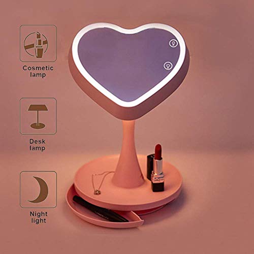 GaoF Specchio per Trucco Illuminato Specchio per Trucco LED Ricaricabile con ingrandimento Specchio per Trucco a Forma di Cuore con ingrandimento 1x / 3X, Lampada da Tavolo Ricaricabile USB Specchio
