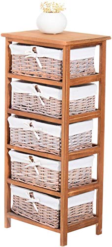 HOMCOM - Mobiletto con 5 Cesti Per Casa In Vimini e Legno Di Platano Legno e Bianco 40x29x90 cm