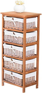 HOMCOM - Mobiletto con 5 Cesti Per Casa In Vimini e Legno Di Platano Legno e Bianco 40x29x90 cm