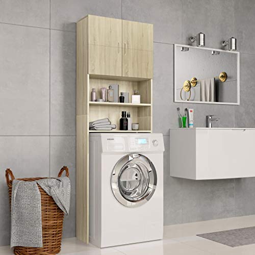 Festnight Mobile per Lavatrice Rovere, Mobiletto per Bagno in Truciolato Sonoma 64x25,5x190 cm