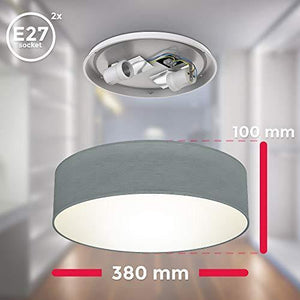 B.K.Licht Plafoniera in tessuto grigio, attacco per 2 lampadine E27 non incluse, Lampada da soffitto diametro 38cm, Lampadario moderno per salotto o camera da letto, IP20 - Arredi Casa