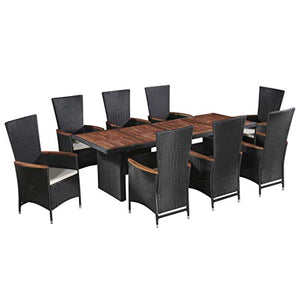 SKM Set da Pranzo da Giardino 9 pz con Cuscini in Polyrattan Nero (107.6kg) Nero-7679