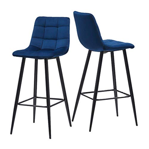 MissZZ Set di 2 sgabelli da Bar da Cucina in Velluto per la Colazione con Gambe in Metallo Sgabelli Alti con schienali Poggiapiedi per Cucina Soggiorno Hotel Ristorante Pub, Strisce quadrate Blu