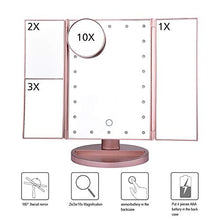 Specchio per il trucco illuminato Vanity 1x / 2x / 3x Ingrandimento a tre vie Trifold con 22 LED Luci Touch Screen e ricarica USB, regolabile a 180 gradi (oro rosa),D'oro