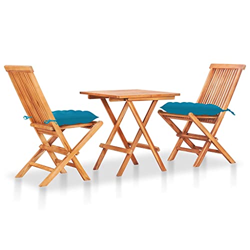 vidaXL Set da Bistrot 3 pz con Cuscini Azzurri Legno Massello di Teak