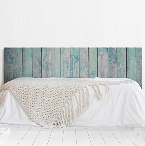 MEGADECOR Testiera per letto in PVC, decorativa, economica, struttura in legno, assi verticali dipinte turchese, anticata, varie misure (150 cm x 60 cm)