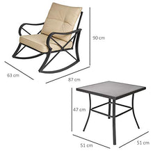 Outsunny Set Tavolino e Sedie da Giardino a Dondolo con Cuscini, Ripiano in Vetro e Struttura in Acciaio Beige